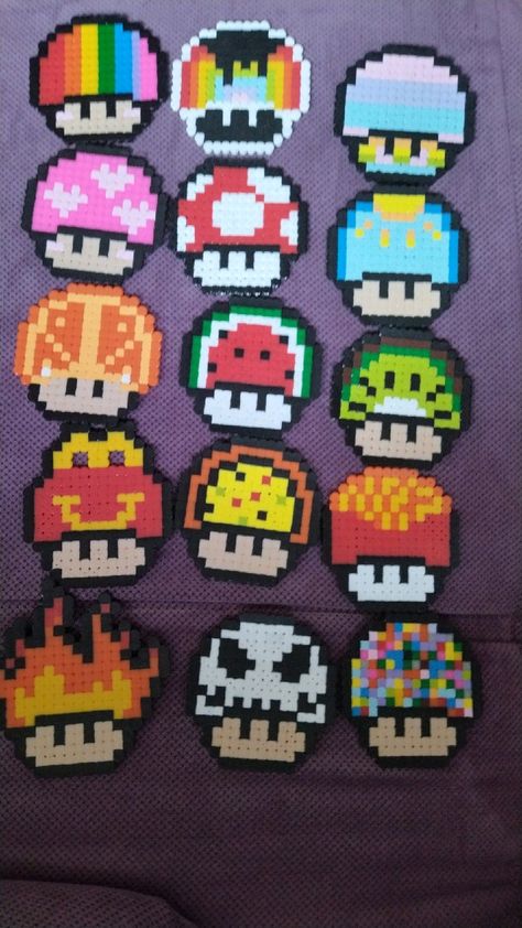 Mushroom Melty Bead Patterns, Mushroom Perler Bead Patterns, Mushroom Perler, Perler Bead Mario, Melty Bead Patterns, Pearl Beads Pattern, Easy Perler Beads Ideas, 3d Perler Bead, Beads Pattern