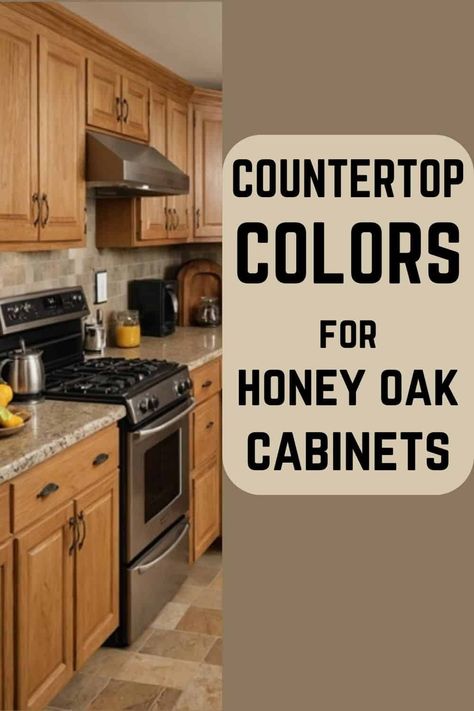 Amazing Countertop Colors for Honey Oak Cabinets - West Magnolia Charm Best Kitchen Colors With Oak Cabinets, Oak With Black Counter, Kitchen Makeover With Oak Cabinets, Oak Cabinets White Quartz Countertops, Honey Colored Cabinets In Kitchen, Kitchen Color Ideas With Oak Cabinets, Kitchen Counter And Backsplash Ideas Oak Cabinets, Oak Cabinet Kitchen Backsplash, Paint Color To Compliment Oak Cabinets