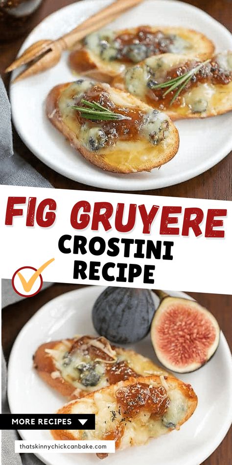 Fig Gruyere Crostini - An unusual combination of toppings that's sure to be a hit with fig jam, Gruyere, blue cheese and rosemary! Perfect for autumn gatherings. #appetizer #crostini #gameday #elegantappetizer Fig Crostini Appetizers, Fig Spread Appetizer, Fig Jam Crostini, Appetizer Crostini, Fig Appetizer, Fig Cookies, Fig Spread, Crostini Appetizers, Crostini Recipes