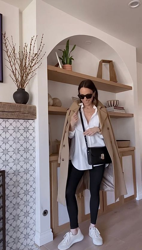 Button Down Shirt Leggings Outfit, Trench With Leggings, Button Down With Leggings Outfit, White Button Down Shirt Outfit Sneakers, White Shirt Leggings Outfit, Leggings Long Shirt Outfit, White Button Down Shirt Outfit Leggings, Leggings White Shirt Outfit, Button Down Leggings Outfit