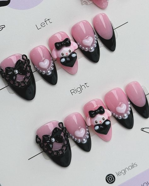 ♡꒰ა 🎀 ໒꒱♡ Sweet Melody #sanrionails #pressonnails #cutenails #pinknails💕 | Instagram Sanrio Nail Art, Chunky Nails, Pink Black Nails, Kawaii Nail Art, Sweet Melody, Press On, Gothic Nails, Jirai Kei, Pretty Nail Designs