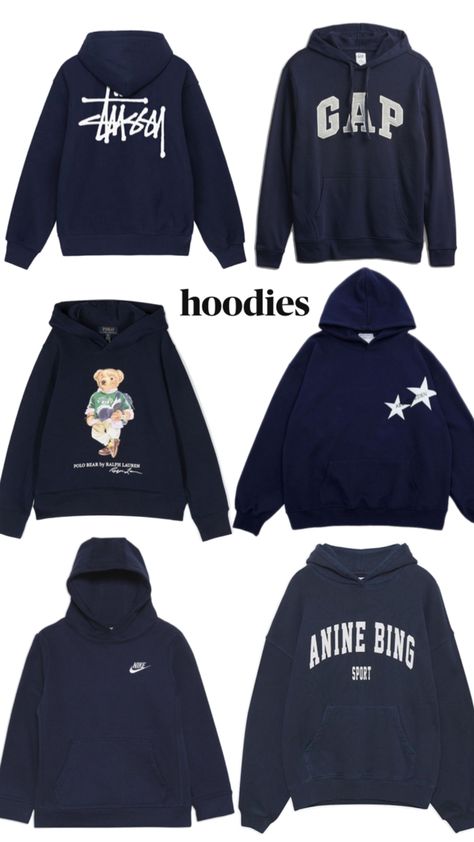 #hoodies #navy #aesthetic #stussy #gap #aelfriceden #polo #nike Navy Hoodies, Navy Aesthetic, Stussy Hoodie, Things I Need To Buy, Hoodie Aesthetic, Navy Hoodie, Gap, Nike, Navy