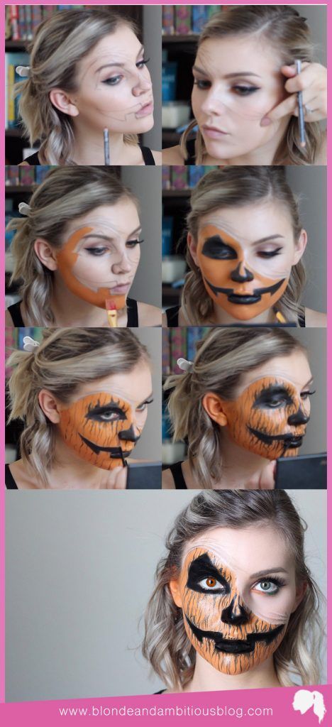 Pumpkin Makeup Looks Easy, Diy Jack O Lantern Costume, Jack O Lantern Halloween Costume, Half Pumpkin Face Makeup, Pumpkin Make Up Halloween, Jack O Lantern Face Paint, Pumpkin Face Makeup Halloween, Jack O Lantern Makeup Easy, Easy Pumpkin Makeup Halloween