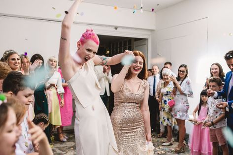 All-The-Colours Hackney Warehouse Wedding with a McDonald’s Wedding Breakfast! Pom Pom Skirts, Excited Face, Bridesmaid Skirts, Kate Jackson, Tatty Devine, Warehouse Wedding, Rock N Roll Bride, Brown Wedding, Sequin Outfit