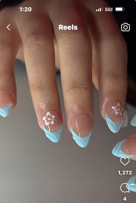 Nail Inspiration For Vacation, Nail Beach Designs Summer, Florida Nails Almond, Summer Nails Medium Length Almond, Nail Ideas For Cancun, Cute Ocean Themed Nails, Blue Nails With Waves, Cruise Almond Nails, Tsitp Inspired Nails