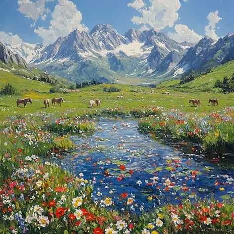 ↑↑↑ Larger size on website 🔸 A serene landscape painting depicts a winding stream flowing through a meadow, dotted with wildflowe Bright Blue Sky, Serene Landscape, Fluffy Clouds, Shades Of Red, Landscape Painting, Painting Ideas, Landscape Paintings, Blue Sky, Wild Flowers