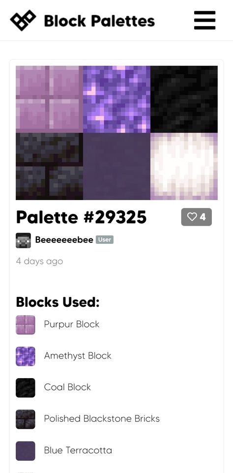 Minecraft Color Palette Purple, Purpur Block Builds Minecraft, Purple Block Pallet Minecraft, Minecraft Block Palate, Block Pallets, Minecraft Block Palette Dark, Minecraft Building Palette, Minecraft Colour Palette, Minecraft Color Palette