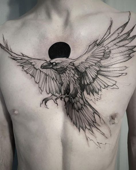 Raven Chest Tattoo, White Raven Tattoo, Chest Tattoo Men Ideas, Tattoo Men Ideas, Rabe Tattoo, Sketchy Style, Crow Tattoo Design, Chest Tattoo Ideas, Demon Tattoo