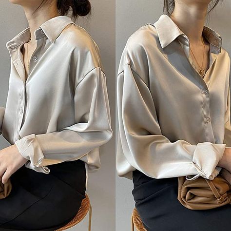 Satin Button Down Shirt Outfit Work, Cream Satin Shirt Outfit, Stylish T Shirts For Women, White Shirt Formal Outfit Women, Satin Shirt With Jeans, Satin Button Up Outfit, Long Sleeves Outfit Casual, Silk Button Down Shirt Outfit, White Shirt Outfit Women