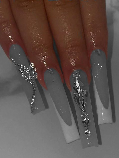 Silver Nails Coffin Shape, Silver Gem Nails, Silver Nails Coffin, Nails Coffin Shape, Silver Acrylic Nails, Grey Nail, Gray Nails, Coffin Shape, Gem Nails