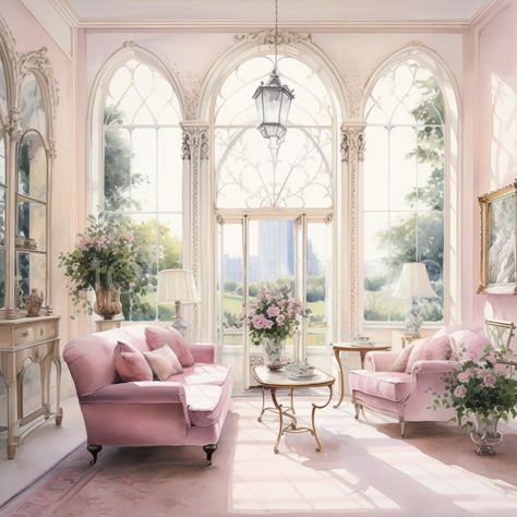 Vintage French Cottage Living Room, Victorian Pink Living Room, Pink Mansion Interior, Girly Interior Design, Interior Design Watercolor, Paris Living Room, Pink Interior Design, Paris Living Rooms, Living Room Clipart