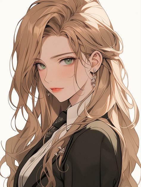 A digital drawing of a young woman with long wavy dirty blonde hair, green eyes, and is wearing a suit jacket Brown Hair Girl Drawing, Brown Hair Green Eyes Girl, Noir Spiderman, Brown Hair Female, Blonde Green Eyes, Anime Brown Hair, Brown Hair Green Eyes, Blonde Hair Green Eyes, Girl With Green Eyes