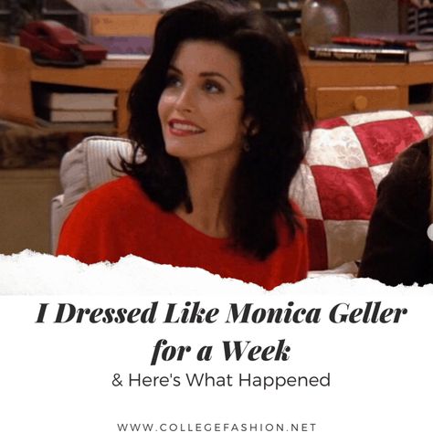 I dressed like Monica Geller for a week - the ultimate guide to Monica Geller's style from Friends Monica Geller Style, Friends Outfits 90s, Monica Friends, Red Sweater Outfit, Monica Gellar, Black Berets, Friends Outfits, White Oxford Shirt, Wear Red Lipstick