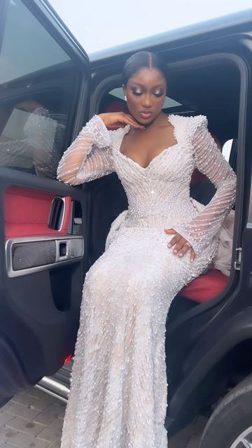 White Reception Dress Brides, White Lace Gown Styles Nigerian, White Lace Dress Styles Nigerian, Second Dress For Bride Reception, Bridal Gowns With Sleeves, Bride Reception Dress, Glam Wedding Dress, African Wedding Attire, African Bride