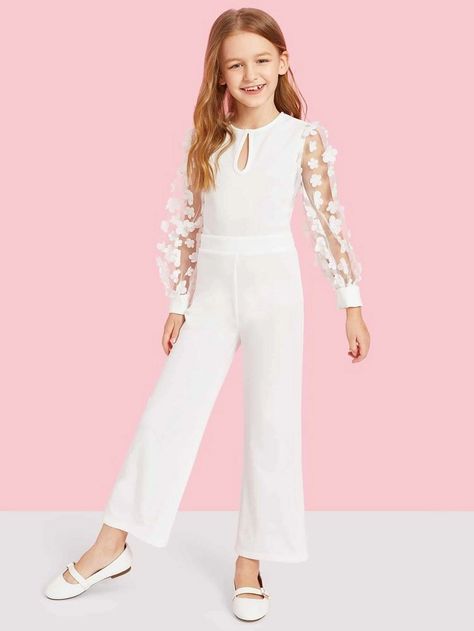 Girls Applique Mesh Sleeve Keyhole Front Jumpsuit | SHEIN USA Jumpsuits For Girls Teens, Jumpsuit Outfit For Kids, Kids Jumpsuit, Girls Jumpsuit, Girls Applique, Jumpsuit For Kids, Kids Fashion Dress, Jumpsuit Elegant, Knit Jumpsuit