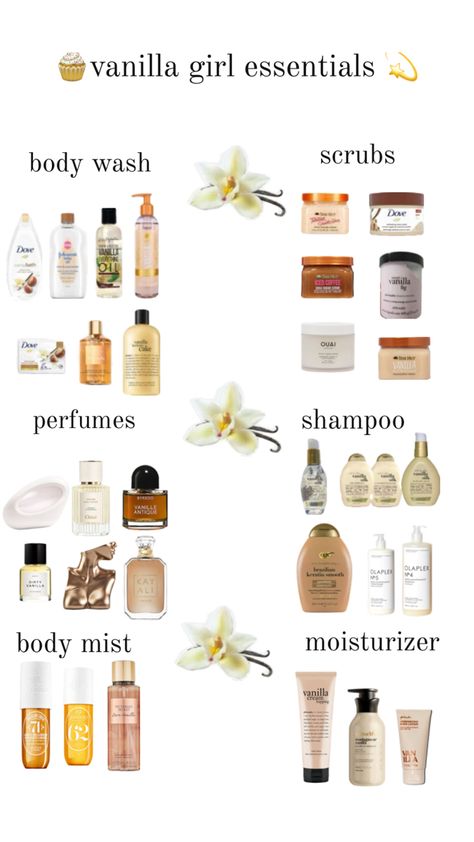 vanilla girl essentials : body mist, perfumes, body scrub, body wash, shampoo, moisturizer!! 🧴 made by me : DO NOT REPOST WITHOUT CREDITS!! Vanilla Girl Essentials, Bad Christmas, Girl Essentials, Body Hygiene, Vanilla Perfume, Shower Skin Care, Body Smells, Perfect Skin Care Routine, Vanilla Girl