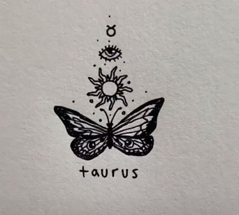 By @thatgirlwhodoesart (TikTok @) Taurus Tattoo, Butterfly Wrist Tattoo, Girl Neck Tattoos, Butterfly Moon, Horoscope Tattoos, Sun Solar, Tattoo Butterfly, Taurus Tattoos, Bunny Tattoos