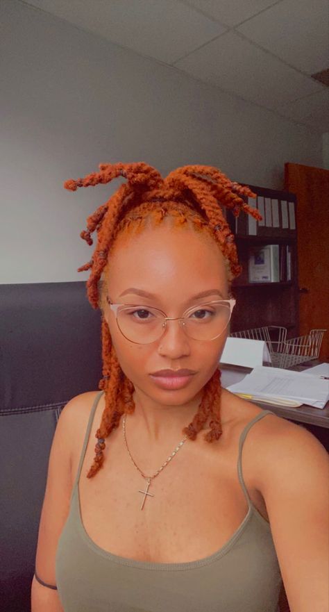 Blonde And Copper Locs, Ginger And Honey Blonde Locs Black Women, Autumn Color Locs, Colored Loc Styles, Ginger Dreadlocks Black Women, Red Blonde Locs, Fall Loc Hair Colors, Ginger Colored Locs Black Women, Cajun Spice Locs