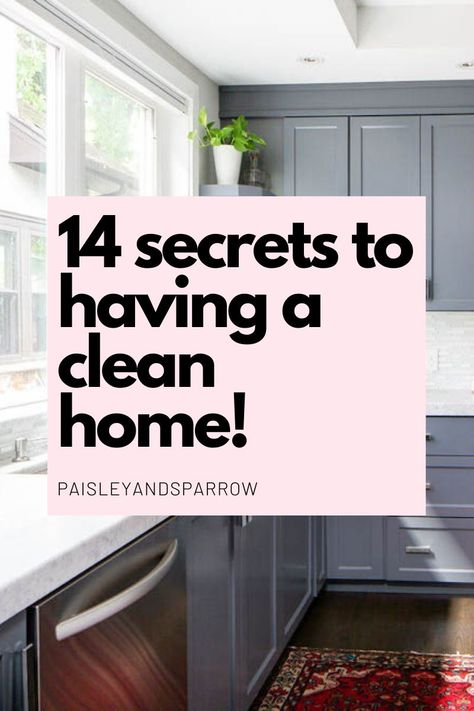 Here are 14 simple secrets to keeping a clean home! Tips and tricks to keep the chaos down and to have a tidy house. How To Keep Home Clean, Clean And Tidy Home, Tidy Home Hacks, How To Keep My House Clean, How To Keep House Clean, How To Keep A Clean House, Tidy House Tips, Keep House Clean, Keeping A Clean House