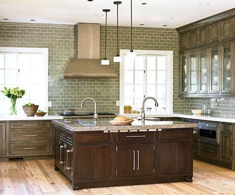 Love the back splash Stained Island, Color Cabinets, Cheap Kitchen Makeover, Backsplash With White Cabinets, Green Subway Tile, Montana House, Amazing Kitchens, Green Backsplash, Colorful Backsplash