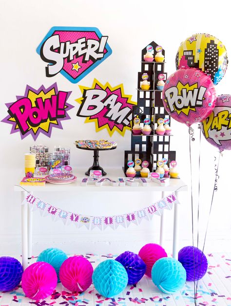 girl superhero party free printables Dc Superhero Girls Party, Superhero Girls Birthday, Festa Power Rangers, Girl Superhero Party, Girls Party Decorations, Birthday Crafts, Superhero Birthday Party, Super Girl, Girl Superhero