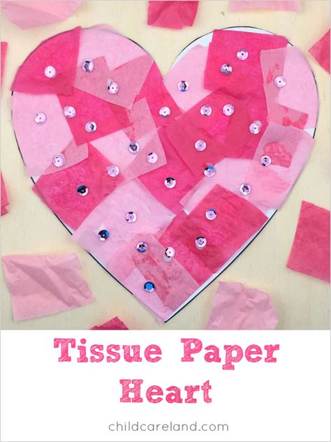 An easy to make heart craft for preschool and kindergarten.  Great for fine motor and scissor skills. Color Pink Crafts For Toddlers, Craft With Tissue Paper, Heart Crafts Preschool, Tissue Paper Heart, Pink Week, Craft For Preschool, Shape Activities, Tissue Paper Crafts, Heart Craft