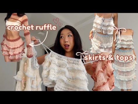 YouTube Crochet Long Ruffle Skirt, Crochet Top With Skirt, Crochet Top With Ruffles, Crochet Ruffle Tutorial, Crochet Ruffles Pattern, Crochet Mohair Skirt, Long Crochet Projects, Crochet Patterns Skirt, Cool Crochet Clothes