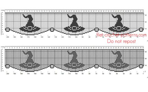 Free crochet filet pattern Halloween border with witch hat - free filet crochet patterns download Halloween Filet Crochet, Crochet Filet Pattern, Free Filet Crochet Patterns, Vintage Filet Crochet, Quilt Crochet, Halloween Border, Roses Crochet, Halloween Borders, Crochet Patterns Filet