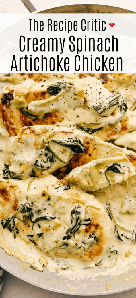 Chicken Artichoke Recipes, Creamy Spinach Artichoke Chicken, Spinach Artichoke Chicken, Seared Chicken, The Recipe Critic, Pan Seared Chicken, Artichoke Chicken, Recipe Critic, Artichoke Recipes