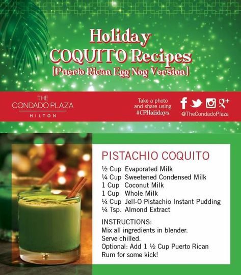 Coquito Recipe Pistachio, Pistachio Coquito Recipe, Pistachio Coquito, Clean Drinks, Coquito Recipe, Christmas Drinks Recipes, Clean Drink, Puerto Rican Cuisine, Puerto Rico Food