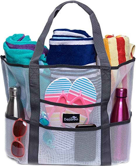 Amazon.com | Dejaroo Mesh Beach Bag – Toy Tote Bag – Large Lightweight Market, Grocery & Picnic Tote with Oversized Pockets (White with Grey handles) | Travel Totes Beach Vacation Essentials, Best Beach Bag, Picnic Tote, Vacation Essentials, Mesh Beach Bags, Large Beach Bags, Mesh Tote Bag, Pool Bags, Lightweight Bag