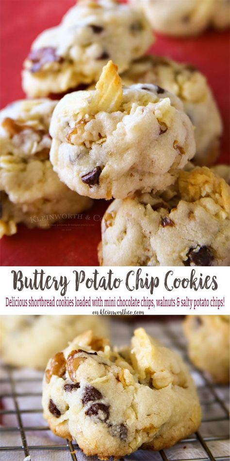 Loaded with mini chocolate chips, walnuts & salty potato chips-  these Buttery Walnut Potato Chip Cookies are the BEST COOKIES EVER! via @KleinworthCo Chocolate Potato Chips, Chocolate Covered Potato Chips, Buttery Potatoes, Cookies With Chocolate Chips, Potato Chip Cookies, Cookies With Chocolate, Lace Cookies, Yummy Sugar Cookies, Best Cookies Ever