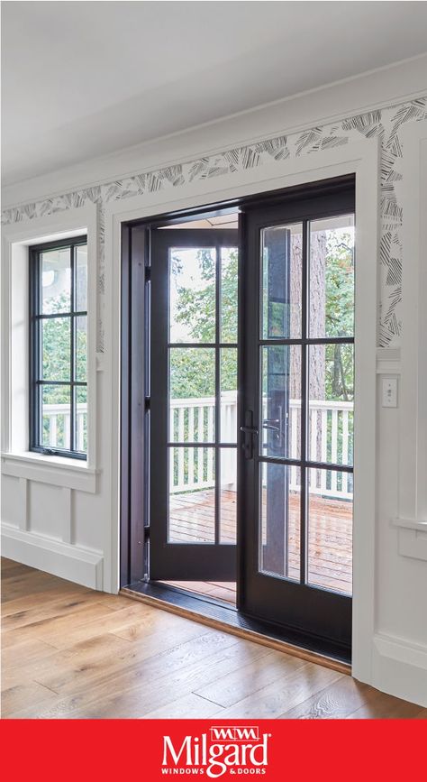 Choose these patio doors for your next remodeling project. You’ll find black  framed patio doors, both interior and exterior, in our Ultra™ Series product line.  Choose French in-swing, out-swing or sliding patio doors for your next remodeling project.  Complete the look with black framed windows from the same series. Find out more on milgard.com. #patiodoorideas #milgarddoors #blackpatiodoors #blackwindowframes Black Exterior French Doors Patio, Black French Doors Patio, Black Frame French Doors, Back Patio Doors Exterior, Exterior Patio Doors Ideas, Black Exterior French Doors, Black French Doors Exterior, Black French Doors Exterior Patio, Black Patio Doors