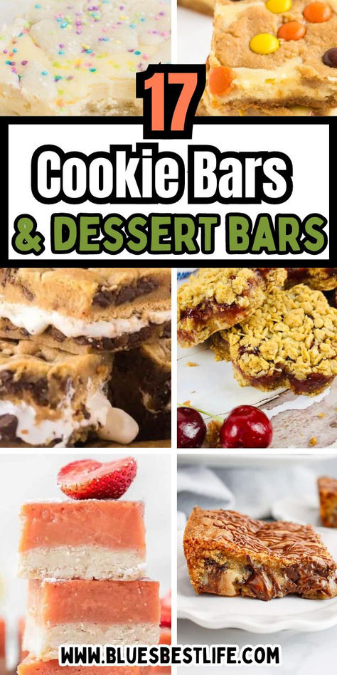 A collection of dessert cookie bars. Potluck Bars, Oatmeal Bar Recipes, Easy Cookie Bar Recipes, Cherry Oatmeal Bars, Oatmeal Bar, Easy Dessert Bars, Oatmeal Bars Recipes, Peanut Butter Cookie Bars, Cookie Bars Easy