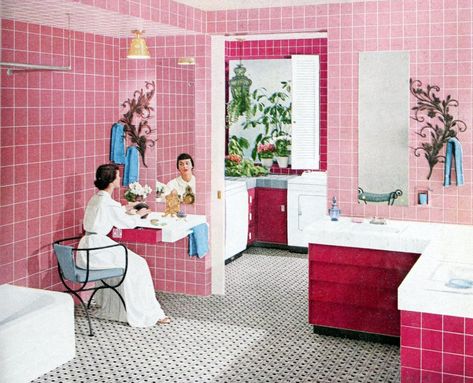 These popular 1950s bathroom color schemes are the epitome of mid-century suburban decor 39 1950s Bathroom Tile, 1950s Bathroom Decor, 50s Bathroom, Popular Bathroom Colors, Bathroom Tile Design Ideas, 1950s Bathroom, 1950s Wallpaper, Retro Bathroom Decor, Pink Toilet