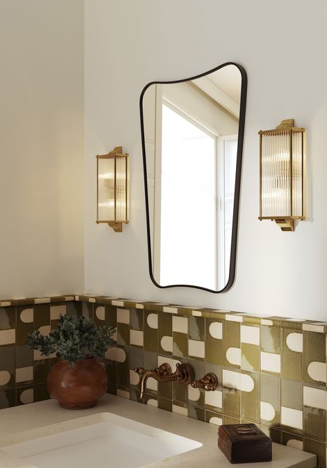 Funky Bathroom Tile, Colorful Vanity, Moody Bathrooms, Checkered Tiles, Butterfly Mirror, 70s House, Eclectic Bathroom, Green Checkered, Downstairs Bathroom