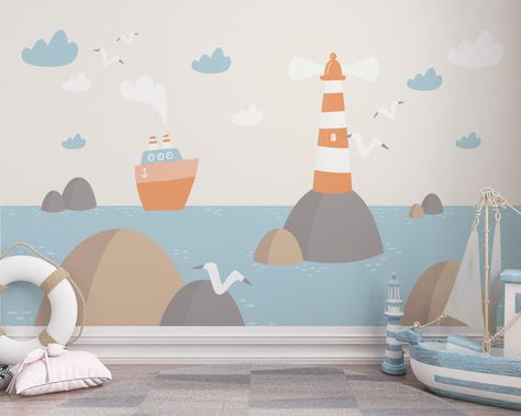 Mural Nursery Wall, Mural For Kids Room, Lighthouse Wallpaper, Sea Wall Mural, Ship Wallpaper, Sea Murals, Ocean Mural, Beach Wall Murals, Kindergarten Wallpaper