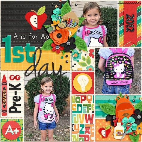 Pre K Scrapbook Ideas, First Day Of Pre K, School Layouts, Scrapbook School, Memory Book School, School Scrapbook Layouts, Beautiful Scrapbook Layouts, School Scrapbook, School Memories