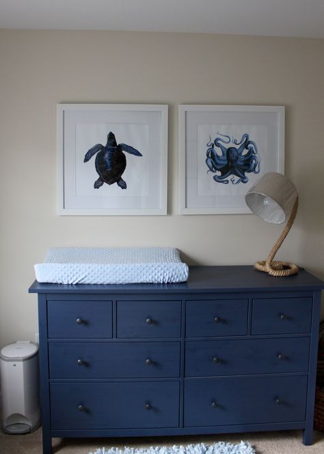 i love combining a dresser and changing table! Add a few baskets on top to hold diapers etc Navy Dresser, Colorful Baby Nursery, Boys Room Colors, Baby Boy Room Colors, Navy Nursery Boy, Aesthetic Closet, Baby Boy Room Themes, Boys Room Blue, Nursery Blue