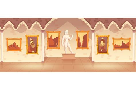 Vector museum exhibition of paintings on walls and antique statue, art gallery in medieval palace. Empty castle hall or ballroom with collection of pictures, interior inside. Cartoon game background Castle Hall, Medieval Palace, Gacha Background, Dance Vector, Museum Interior, Mini Movie, Statue Art, Antique Statue, Props Art