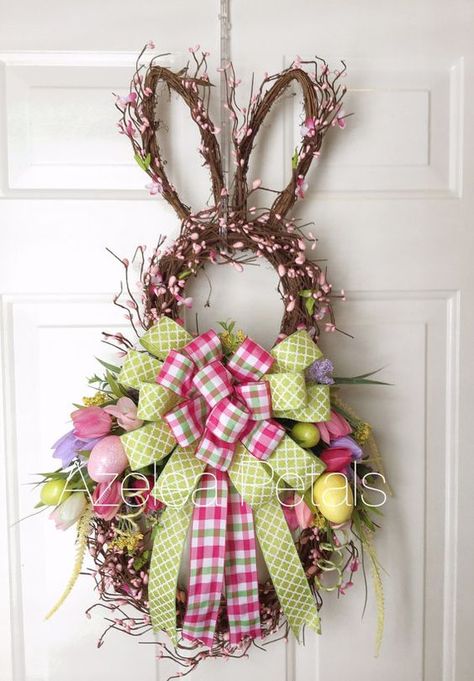 faux cherry blossom bunny wreath with faux tulips and colorful ribbon bows Door Diy Ideas, Spring Wreaths For Front Door Diy, Wreaths For Front Door Diy, Diy – Velikonoce, Spring Wreaths For Front Door, Front Door Diy, Diy Osterschmuck, Diy Frühling, Rabbit Wreath