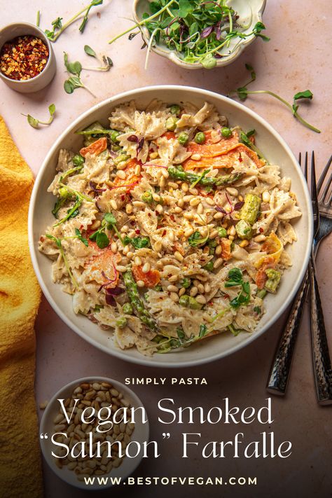 Teri-Ann Carty proves you don't have to give up your favorite foods after going vegan with a recipe for an indulgent vegan smoked "salmon" farfalle in the new installment of her Simply Pasta column. Get the full recipe here. #bestofvegan#bestofveganpasta#bestofveganfood#veganpasta#vegansalmon#veganfarfalle#veganpastarecipe#vegansalmonpasta Vegan Smoked Salmon, Farfalle Recipes, Smoked Salmon Pasta, Smoked Salmon Bagel, Salmon Bagel, Smoked Salmon Recipes, Vegan Grocery, Salmon Pasta, Vegan Pasta Recipes