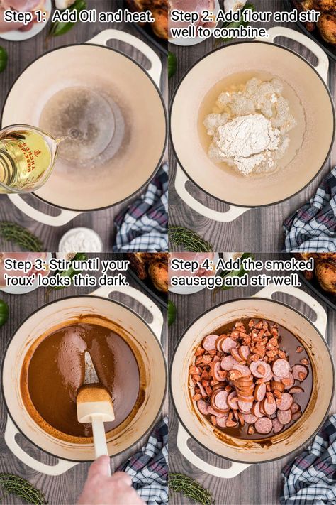 four images showing steps of how to make a chicken and sausage gumbo, this is steps 1 through 4 Chicken And Andouille Gumbo, How To Make Gumbo Louisiana, Gumbo Chicken And Sausage, Gumbo Recipe Chicken And Sausage, Fish Gumbo, Shrimp And Chicken Gumbo, Chicken And Sausage Gumbo Easy, Gumbo Recipe Chicken Sausage Shrimp, Cajun Chicken And Sausage Gumbo