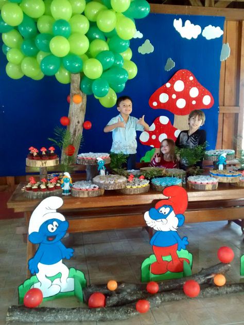 Smurfs Party Decorations, Smurf Birthday, Smurfs Birthday, Smurfs Cake, Smurfs Party, Rainbow Cartoon, 45th Birthday, Baby First Birthday