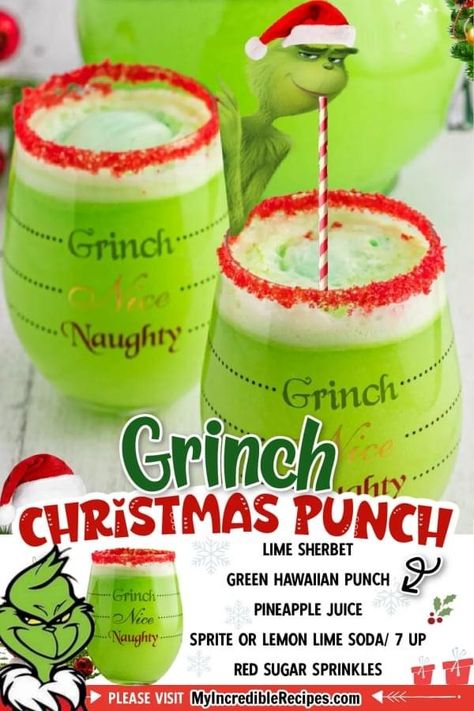 Grinch Food Ideas, Grinch Punch Recipe, Grinch Food, Grinch Punch, Holiday Punch Recipe, Christmas Drinks Recipes, Fun Drink Recipe, Christmas Punch Recipes, Holiday Punch