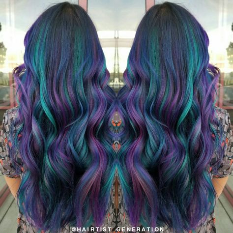 Dark Purple And Teal Hair, Blue Purple And Teal Hair, Galaxy Hair Color Highlights, Peacock Ombre Hair, Purple And Teal Hair Highlights, Purple Hair With Green Highlights, Black Blue And Purple Hair, Mermaid Hair Color Peekaboo, Red And Teal Hair