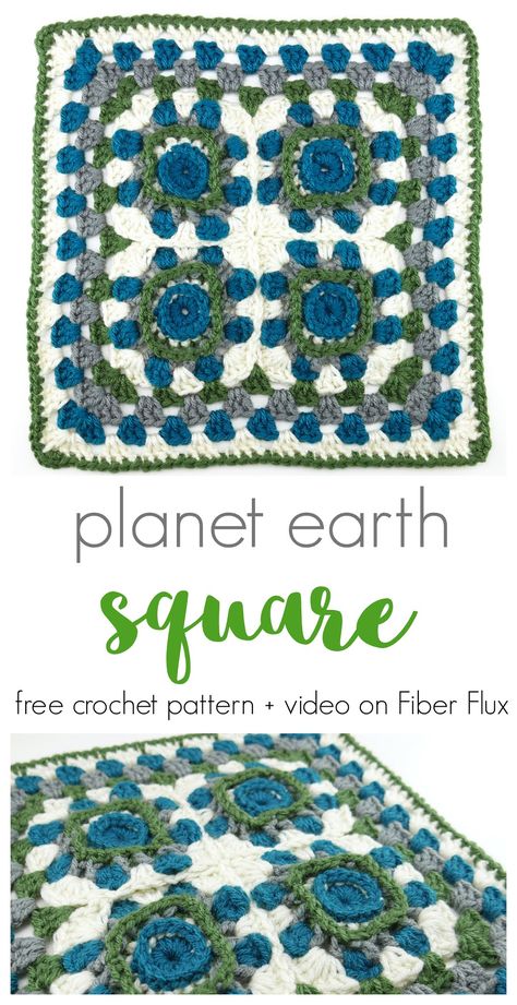 Planet Earth Square, Free Crochet Pattern + Video - fiberfluxblog.com Crochet Square Free Pattern, The Planet Earth, Different Stitches, Crochet Instructions, Crochet Square, Crochet Blankets, Crochet Squares, Unique Crochet, Granny Squares