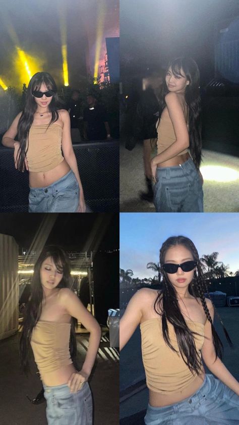 blackpink Jennie Kim Street Style, Jennie Concert Outfits, Jennie Kim Coachella, Jennie Kim Chanel Outfit, Jennie Coachella Outfit, Blackpink Coachella Outfits, Y2k Tiktok, Outfits Asian, Viral Aesthetic