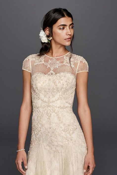 As-Is Cap Sleeve Illusion Wedding Dress Style AI25050087, Ivory, 14 Lace Sheath Wedding Dress, Sweet Wedding Dresses, Wedding Gown Preservation, Melissa Sweet, Illusion Wedding Dress, Sheath Wedding Dress Lace, Petite Wedding Dress, Godet Skirt, Fairy Wedding Dress