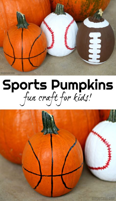 Help the kids make these fun sports pumpkins - a fun way to decorate for Halloween! All you need is a few pumpkins and a little paint to make them! Pumpkins For Halloween, Carve Pumpkins, Decorate For Halloween, Decorate For Fall, Halloween Pumpkins Painted, Pumpkin Crafts, Fun Craft, Creative Halloween Costumes, Easy Pumpkin